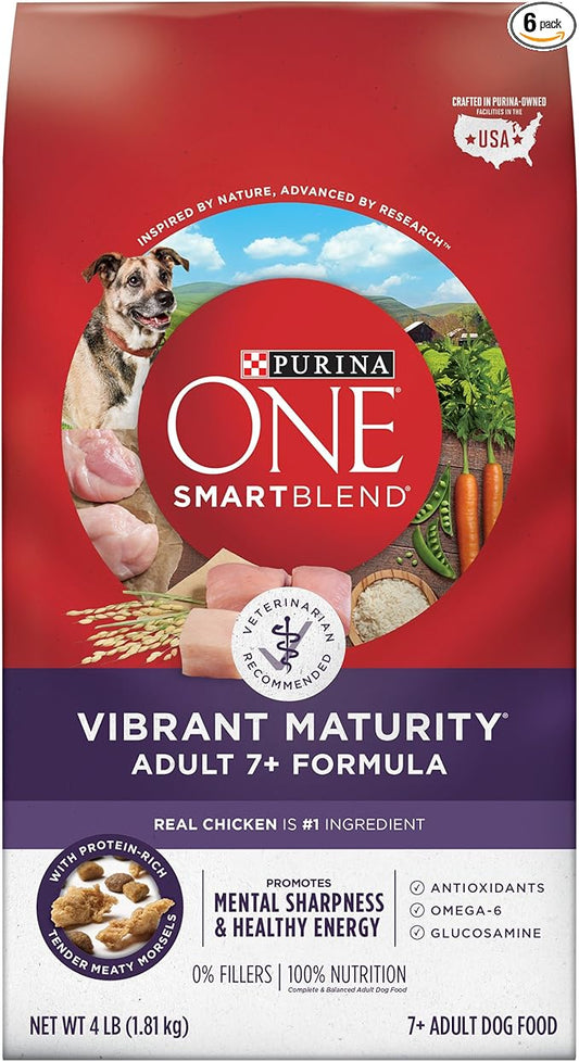 Purina ONE High Protein Senior Dry Dog Food, +Plus Vibrant Maturity Adult 7+ Formula - 4 lb. Bags (Pack of 6)