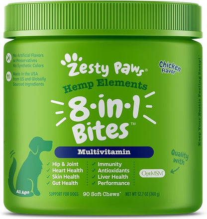 Zesty Paws 8-in-1 Bites for Dogs + Hemp Seed, 90 Count (Packaging May Vary)