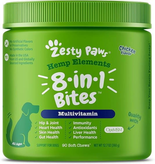 Zesty Paws 8-in-1 Bites for Dogs + Hemp Seed, 90 Count (Packaging May Vary)