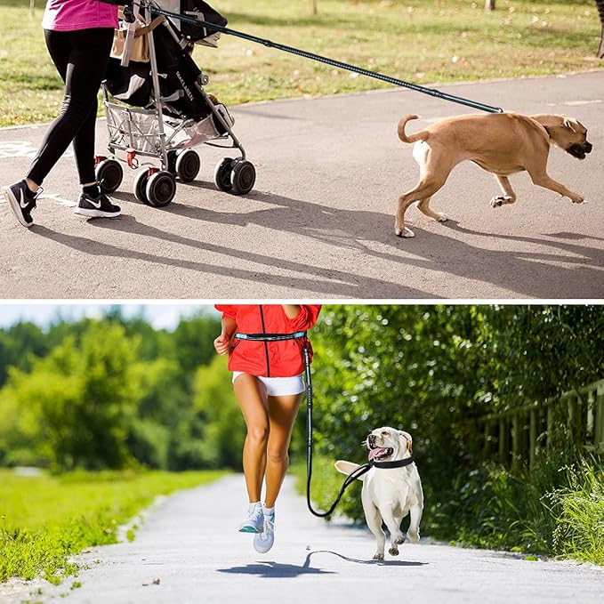 PHILORN Hands Free Dog Leash for Running, Jogging | Reflective Stitching, Adjustable Waist Belt(24"-47"), Phone Pouch, Shock Absorbing Dual Handle Bungee(47"-67") for Large Dog
