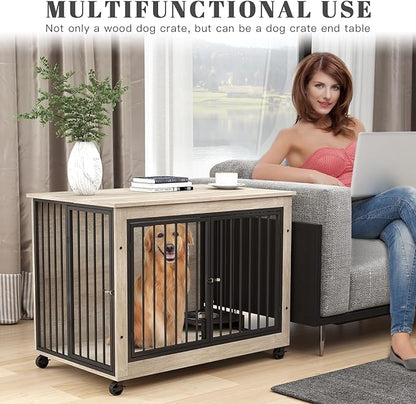 39 Inch Large Wooden Dog Crate Furniture with 180° Rotatable Bowl, Grey Multi-Functional Dog Crate End Table with Wheels, Furniture Dog Crate for Large Dogs with Flip-up Top Opening