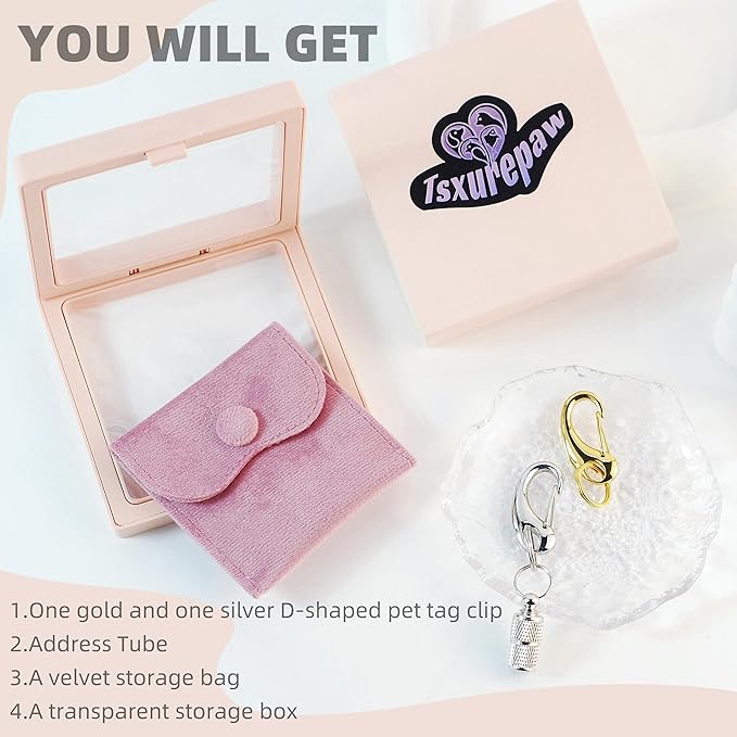 2 Pack Dog Tag Clips, Pet Tag Quick Clip with Anti-Lost Pet ID Tags Barrel Tube, Stainless Steel Easy Change Pet ID Tag Holder for Dog Cat Collars Harnesses, Gold & Silver