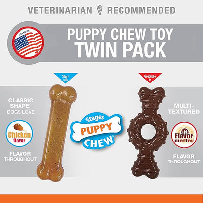 Nylabone Puppy Chew Toy Twin Pack - Puppy Chew Toys for Teething - Puppy Supplies - Medley & Chicken Flavor, X-Small/Petite (2 Count)