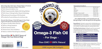 Benson's Best Omega 3 Fish Oil for Dogs - Provides 43% More Omega 3 Fatty Acids Than Salmon Oil - 200 Softgels 1000 mg - 100% Pure, Non-GMO, Natural Pet Food Dog Fish Oil Supplements