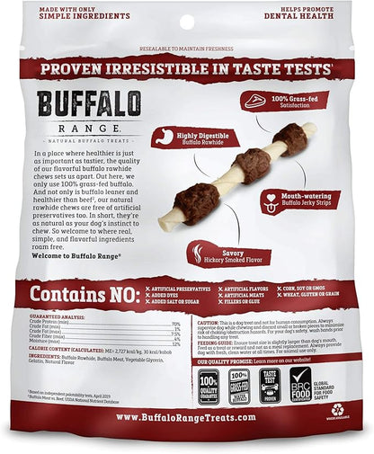 Rawhide Dog Treats | Healthy, Grass-Fed Buffalo Jerky Raw Hide Chews | Hickory Smoked Flavor | Jerky Kabob, 18 Count