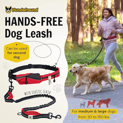 Hands Free Dog Leash for Running Walking Hiking for Medium and Large Dogs (30-150 lbs) with Adjustable Waist Belt, Zipper Pouch, Reflective Retractable Bungee, Dual Handles Red