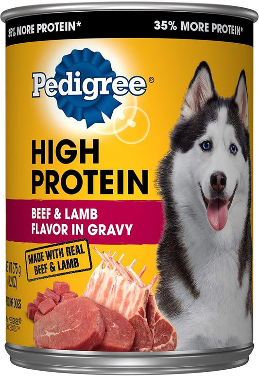 PEDIGREE High Protein Adult Canned Wet Dog Food, Beef & Lamb Flavor in Gravy, (12) 13.2 oz. Cans