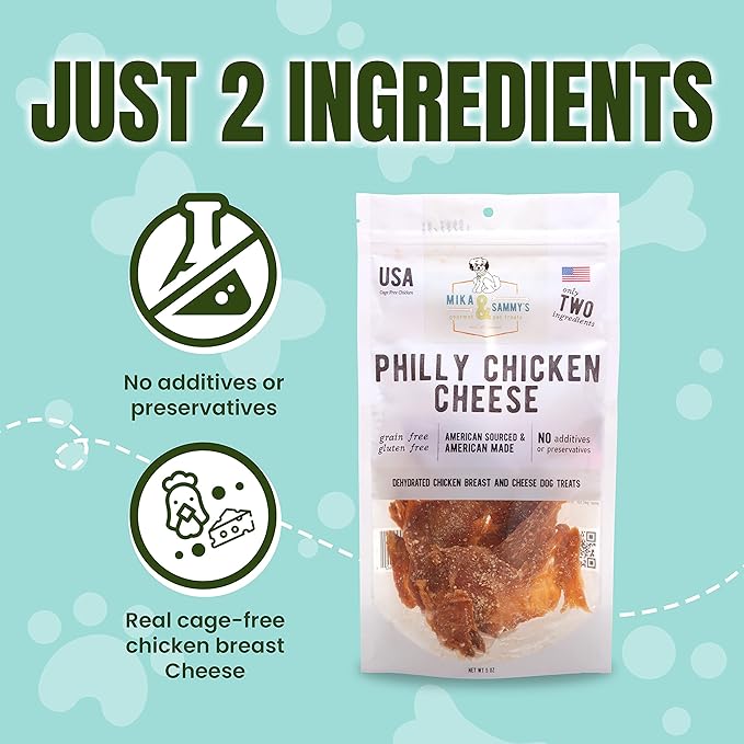 Gourmet Jerky Dog Treats - Natural Dog Treat Chicken Jerky for Dogs, Nutritious and Tasty Dog Jerky Treats Made in USA only, Cage-Free Chicken, No Additives(Mika & Sammy's Chicken Cheese 5 Oz)