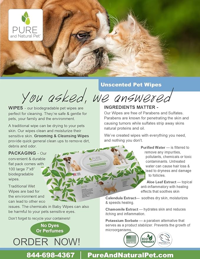 Pure and Natural Pet Grooming and Cleansing Wipes for All Pets (Unscented) 100 ct.