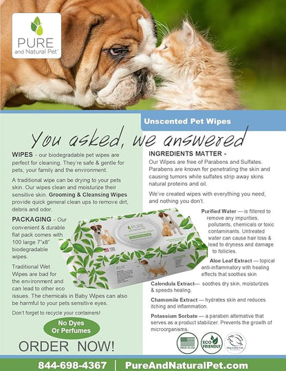 Pure and Natural Pet Grooming and Cleansing Wipes for All Pets (Unscented) 100 ct.