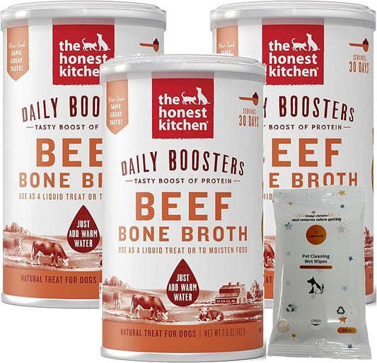 Bundle Set (3) The Honest Kitchen Daily Boosters Instant Beef Bone Broth with Turmeric Plus AuroraPet Wipes