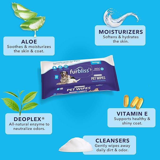 Vetnique Labs Furbliss Hygienic Pet Wipes for Dogs & Cats, Cleansing Grooming & Deodorizing Hypoallergenic Thick Wipes with All Natural Deoplex Deodorizer (Unscented, 600ct)