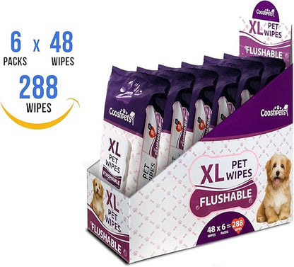 Premium Formulations XL FLUSHABLE Pet Wipes - Deodorizing,Grooming Wipes for Dogs & Cats - Earth-Friendly, Hypoallergenic Value Buy (6 Packs x 48 Wipes = 288 Wipes)