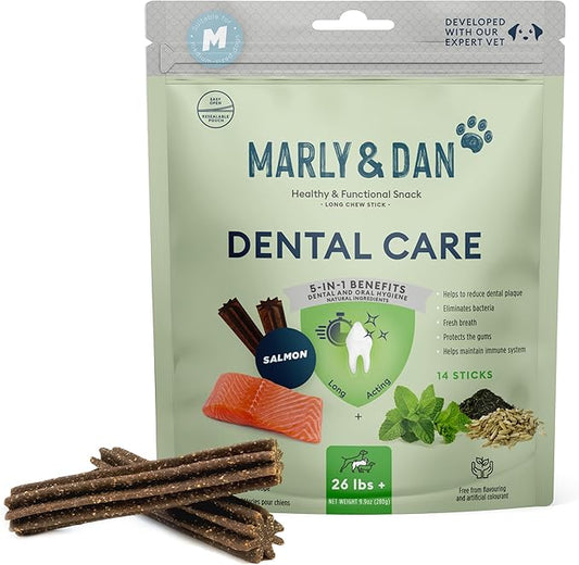 Marly & Dan Dental Care Chew Sticks, 5-in-1 Benefits for Dental and Immune System Health, Salmon, Peppermint & Green Tea, Chew Treats for Dogs (Dogs Over 25lbs)