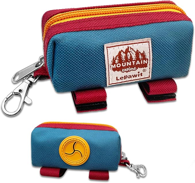 Dog Poop Bag Holder Zippered Pouch, Portable Dog Poop Bag Dispenser with 1 Metal Clip, Fashion Color Matching Canvas Waste Bag Holder for Leashes