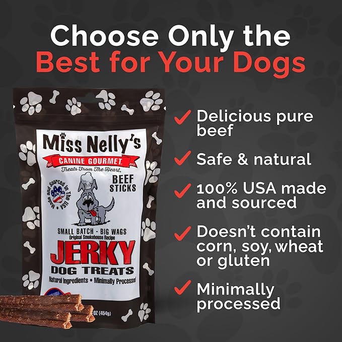 Miss Nelly's- All Natural Beef Jerky Dog Treats Made in USA Only-Beef Jerky Treats for Dogs Original Smoke House Recipe-Minimally Processed Soft Sticks Jerky Dog Treats - 16 oz. bag.