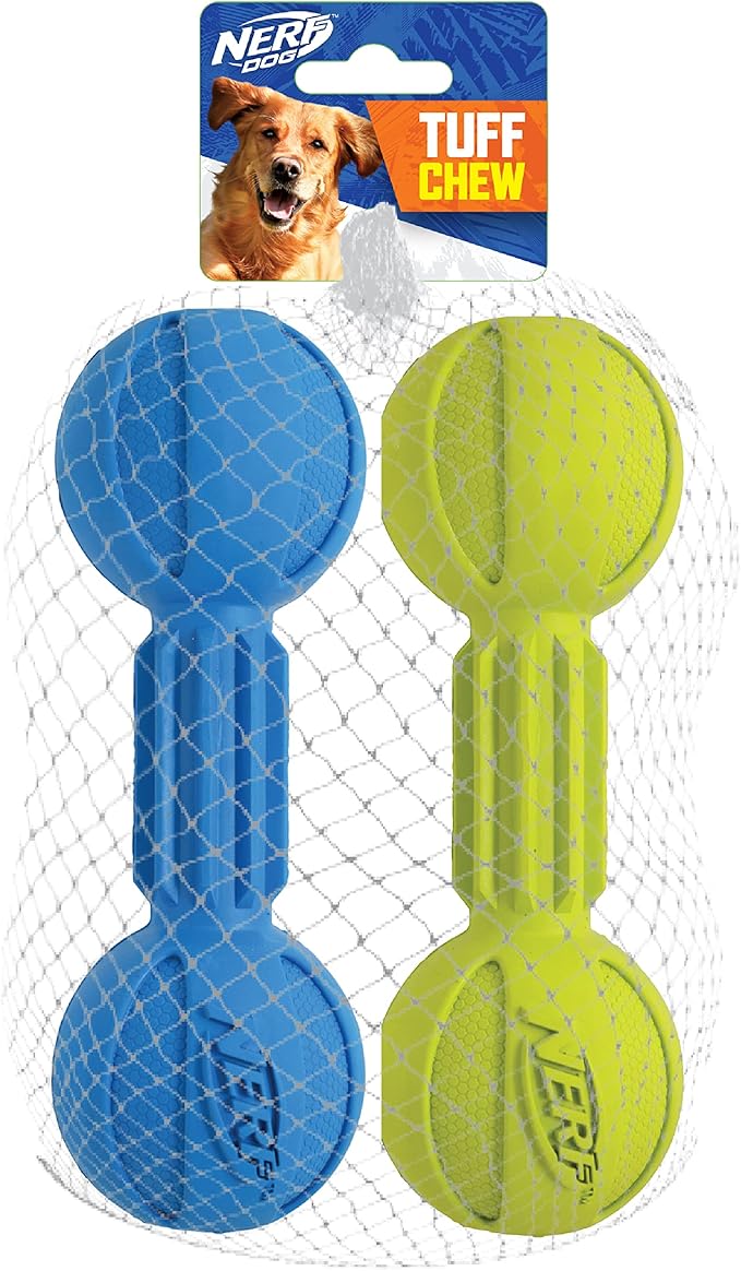 Nerf Dog Chewable Barbell Dog Toy, Lightweight, Durable and Water Resistant, 7.5 Inches, for Medium/Large Breeds, Two Pack, Blue and Green (8953)