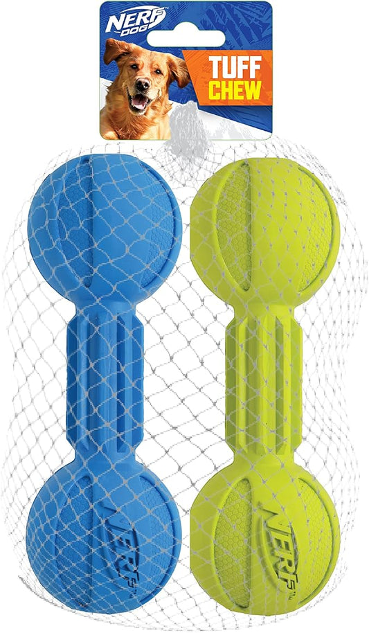 Nerf Dog Chewable Barbell Dog Toy, Lightweight, Durable and Water Resistant, 7.5 Inches, for Medium/Large Breeds, Two Pack, Blue and Green (8953)