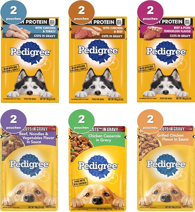Pedigree high protein dog food bundle, includes 12 pouches, High Protein and cuts in gravy, assorted 06 Flavors(02 each).Plus a Carrot dog toy and a Pet Nutrition Booklet.