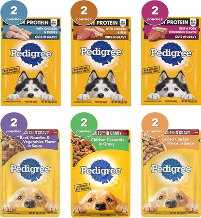 Pedigree high protein dog food bundle, includes 12 pouches, High Protein and cuts in gravy, assorted 06 Flavors(02 each).Plus a Carrot dog toy and a Pet Nutrition Booklet.