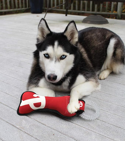 MLB Philadelphia Phillies Bone Shaped DENTAL DOG TUG TOY with SQUEAKER. TOUGH PET TOY for Healthy Fun, Teething, and Cleaning pet's teeth and gum.
