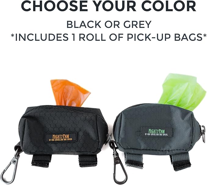 Mighty Paw Dog Poop Bag Holder - Zippered Pouch with Carabiner Hook - Includes Roll of Pick-up Bags - Pet Bag Holder - Poop Bag Dispenser - Dog Bags Traveling - Dog Waste Bag Holder - (Grey/Green)