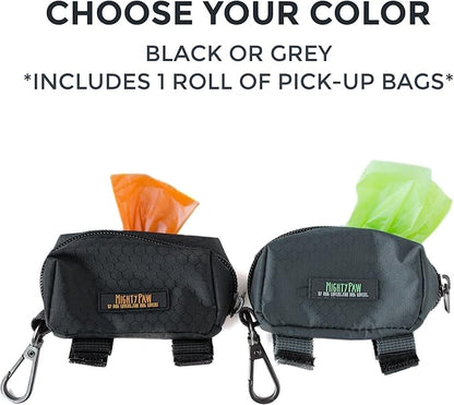 Mighty Paw Dog Poop Bag Holder - Zippered Pouch with Carabiner Hook - Includes Roll of Pick-up Bags - Pet Bag Holder - Poop Bag Dispenser - Dog Bags Traveling - Dog Waste Bag Holder - (Grey/Green)