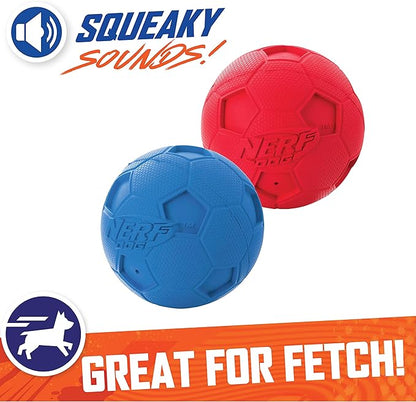 Nerf Dog Soccer Ball Dog Toy with Interactive Squeaker, Lightweight, Durable and Water Resistant, 2.5 Inches, For Medium/Large Breeds, Two Pack, Blue and Red