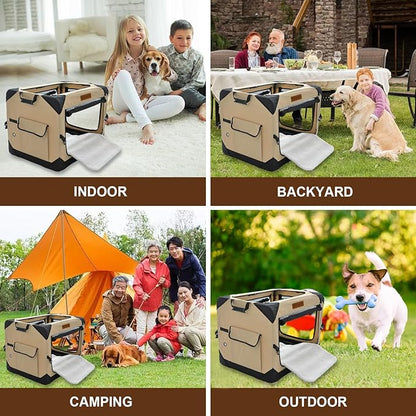 36 Inch Collapsible Soft Dog Crate for Large Dogs, 4-Door Foldable Travel Dog Kennel with Durable Mesh Windows for Indoor & Outdoor Portable Pet Crate, Soft Side Dog Crate, Beige