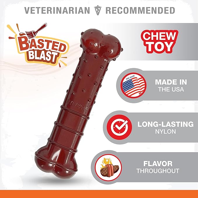 Nylabone Power Chew Classic Bone Chew Toy for Dogs, Durable Dog Toys for Aggressive Chewers, Basted Blast Bacon & Steak Flavor, Medium/Wolf (1 Count)