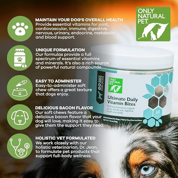 Only Natural Pet Ultimate Daily Vitamins - Complete Multivitamin Supplement for Dogs Balanced Health & Vitality - Senior Small & Large Canine Food Immune Digestive Support -60 Soft Chews (Pack of 2)