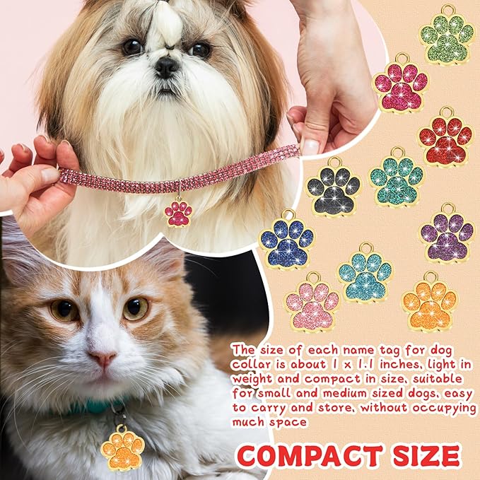 Abbylike 60 Pcs Personalized Dog Tags Blank Pet ID Tags Custom Glitter Paw Pet Tag Cute Metal Cat Name Tag Small DIY Engraved Puppy Name Tag for Dogs Pets(Gold)