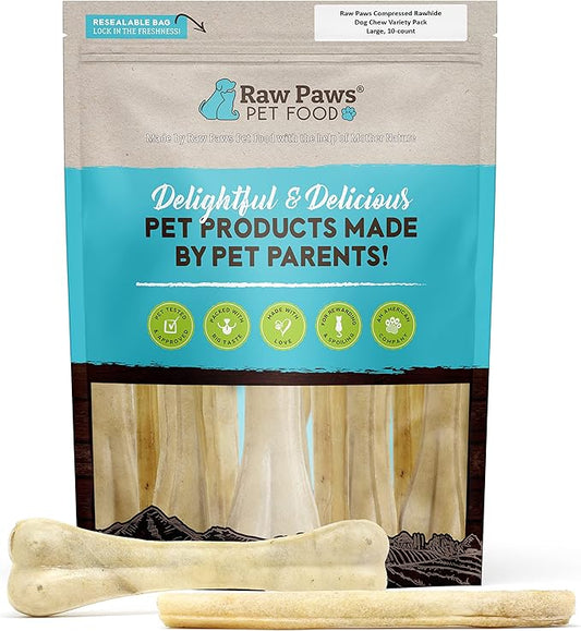 Raw Paws Compressed Rawhide Dog Chew Variety Pack, 10 Pack - 10" Compressed Rawhide Sticks & 10" Bones - Large Dog Bones for Aggressive Chewers - Pressed Rawhide Dog Bones Value Pack - Large Dog Chews