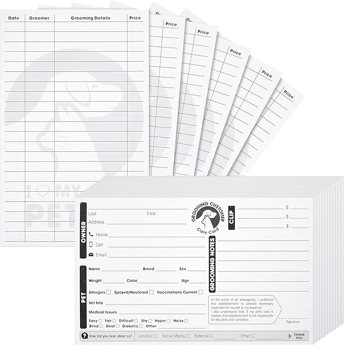 Juvale 100-Pack Pet Grooming Cards, Customer Information Cards, Cat or Dog Grooming Client Cards and Contact Profile Extender, Pet Info Record Cards for Groomers (8x5 in)