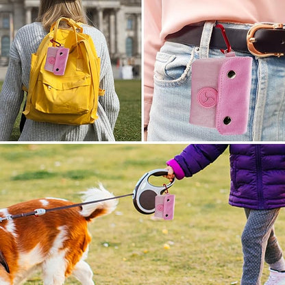 Dog Poop Bag Holder, Portable Dog Poop Bag Dispenser with 1 Metal Clip, Pink Button Canvas Poop Pag Polders for Leashes