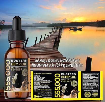 Buster's Organic Hemp Oil 530,000 4Pack-4month supply for Dogs & Cats - Max Potency - Made in USA - Omega Rich 3, 6 & 9 - Hip & Joint Health, Natural Relief for Pain, Separation Anxiety