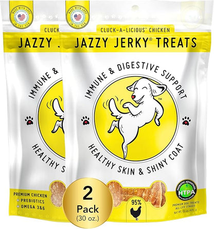Canine Wellness Chicken Jazzy Jerky Treats for dogs, 2-PACK, 95% Protein, Prebiotics for Gut & Immune Health, Omega 3s & 6s for Skin & Coat Health, Made in The USA, (Two 15 oz. bags)