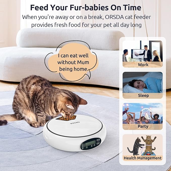 ORSDA Automatic Cat Feeder Wet Food/Dry Food, 5 Meal Timed Pet Feeder with Timer Programmable & Voice Recorder, Dual Power Supply Auto Feeder for Cats/Small Dogs