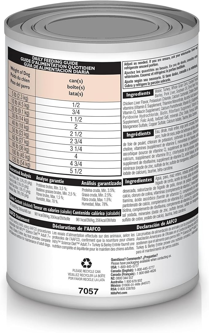 Hill's Science Diet Adult 7+, Senior Adult 7+ Premium Nutrition, Wet Dog Food, Turkey & Barley Loaf, 13 oz Can, Case of 12