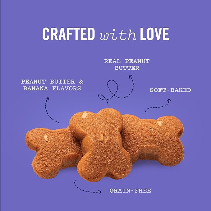 Three Dog Bakery Grain Free Soft Baked Woofers, Peanut Butter & Banana Flavor, Premium Treats for Dogs, 36 Ounce Bulk Resealable Pack (114038)