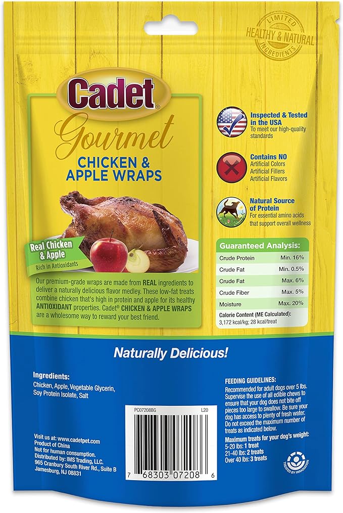 Cadet Gourmet Chicken & Apple Wrapped Dog Treats Wraps - Healthy & Natural Chicken & Apple Dog Training Treats for Small & Large Dogs - Inspected & Tested in USA (3 oz.)
