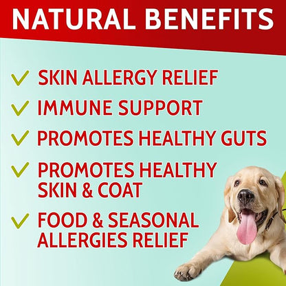 Allergy Relief Dog Chews w/Omega 3 - Itchy Skin Relief - Seasonal Allergies - Pumpkin + Enzymes - Anti-Itch & Hot Spots Aid - Made in USA Immune Supplement - 120 Immune Treats