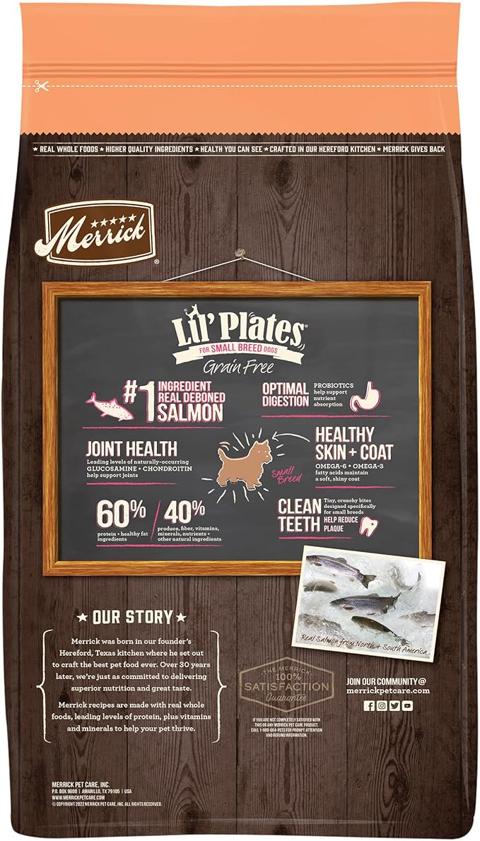 Merrick Lil’ Plates Premium Grain Free Dry Dog Food for Small Dogs, Real Salmon and Sweet Potato Kibble - 12.0 lb. Bag