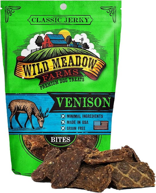 Wild Meadow Farms - Classic Venison Bites, Soft Jerky Treats for Dogs, Grain-Free & All-Natural, Ideal for Training, Portioning, and High-Value Rewards for All Breeds & Ages - 3.5 Ounce Pouch
