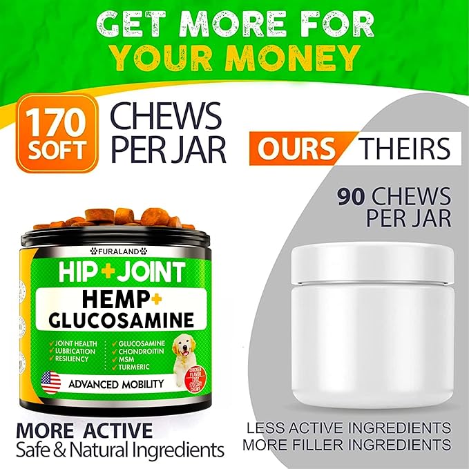 Hemp Hip and Joint Supplement for Dogs - Glucosamine for Dogs - 170 Dog Joint Pain Relief Treats - Chondroitin, Hemp Oil, MSM - Mobility & Flexibility Support - Advanced Joint Health - Made in USA