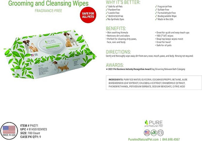 Pure and Natural Pet Grooming and Cleansing Wipes for All Pets (Unscented) 100 ct.
