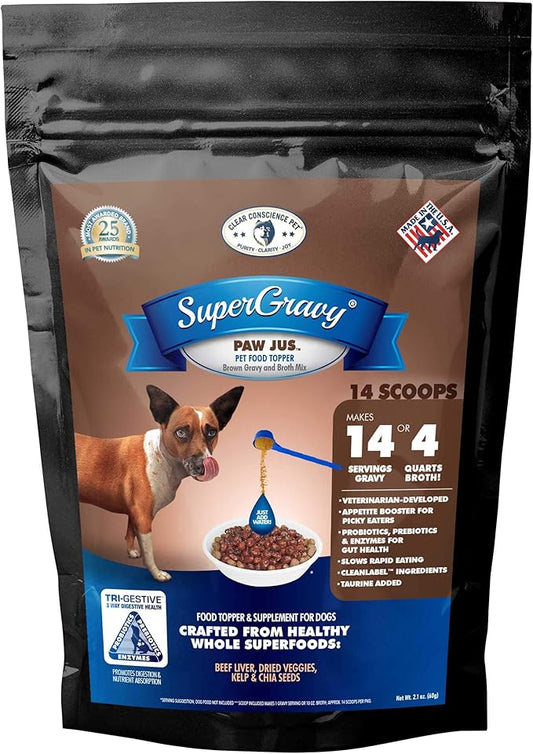 SuperGravy PAW jus - Natural Dog Food Gravy Topper - Hydration Broth Food Mix - Human Grade – Kibble Seasoning for Picky Eaters – Gluten Free & Grain Free, Made in USA 14 Scoops, 01088