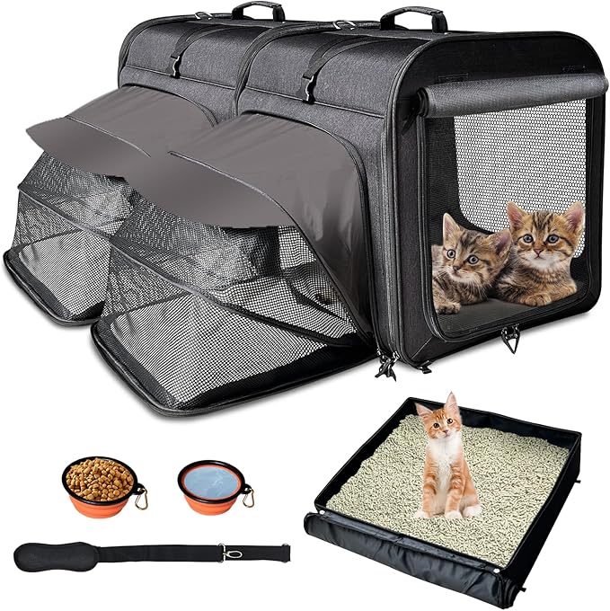 Large Cat Carrier,Cat Travel Carrier with Litter Box,Double Cat Carrier for 2 Cats and Medium Dog,Portable 2-in-1 Dog Compartment Travel Crate House with Foldable Bowl/Mats/Tent Stakes