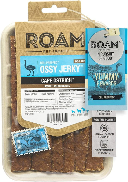 ROAM PET TREATS Ossy Jerky Dog Treats, Single Sourced Novel Protein Jerky Treats Made from Ostrich for Dog
