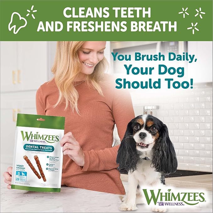 WHIMZEES Natural Grain Free Daily Dental Long Lasting Dog Treats, Veggie Sausage, Small, Bag of 28